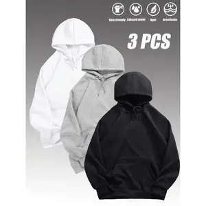 3-pack MEN'S casual hooded sweatshirts, long sleeve pullovers with drawstring, polyester knit fabric, slight stretch, solid color, loose fit for hiking, running, daily wear-winter outdoor sports hoodies