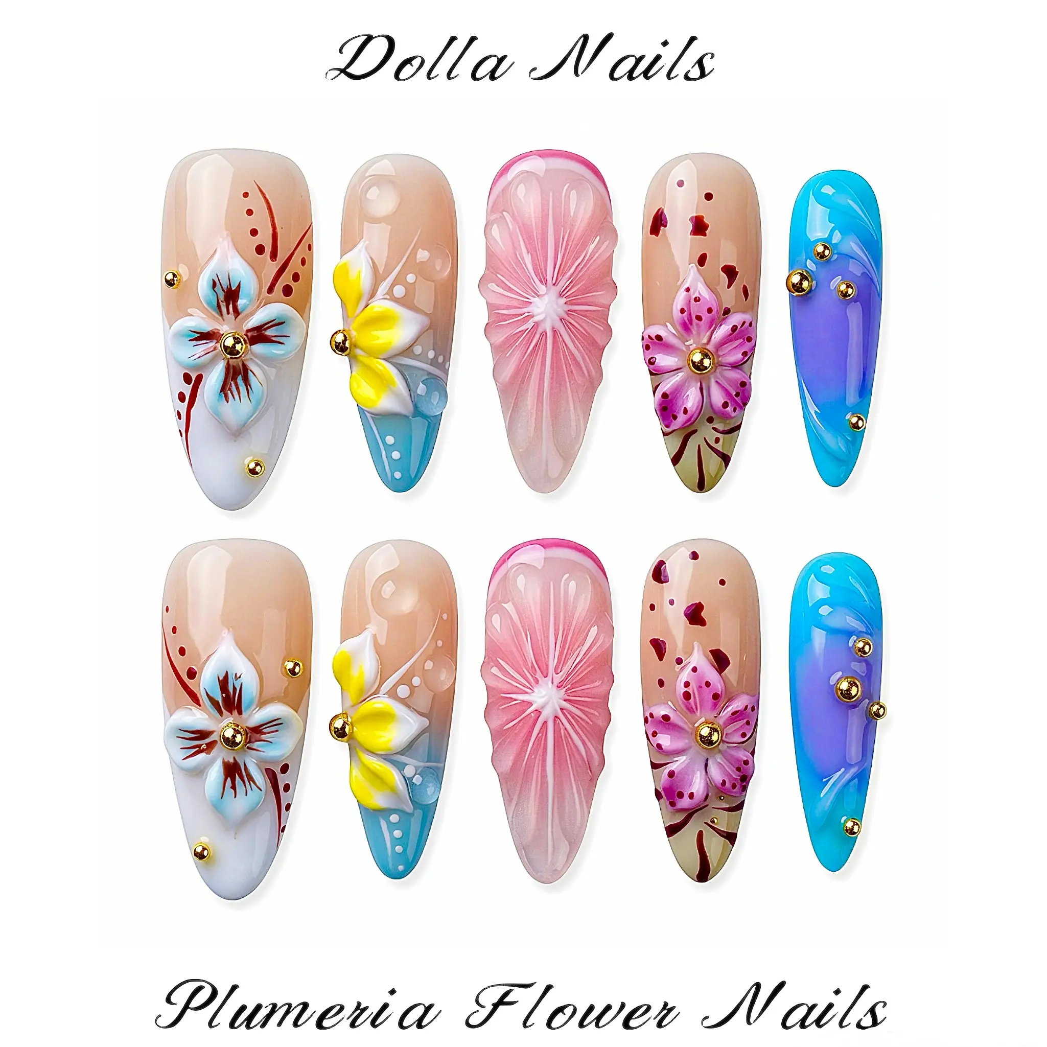 Dolla Nails 100% Handmade 3D Long Almond Press-On Nails with Aura , French Tip, Tropical Plumeria Flower Design, Luxury Gold Bead Charms, Pastel Neutral Spring Vacation , Chic Soft Girl Nails, Reusable Salon-Quality Manicure for Daily Wear & Beach Trips