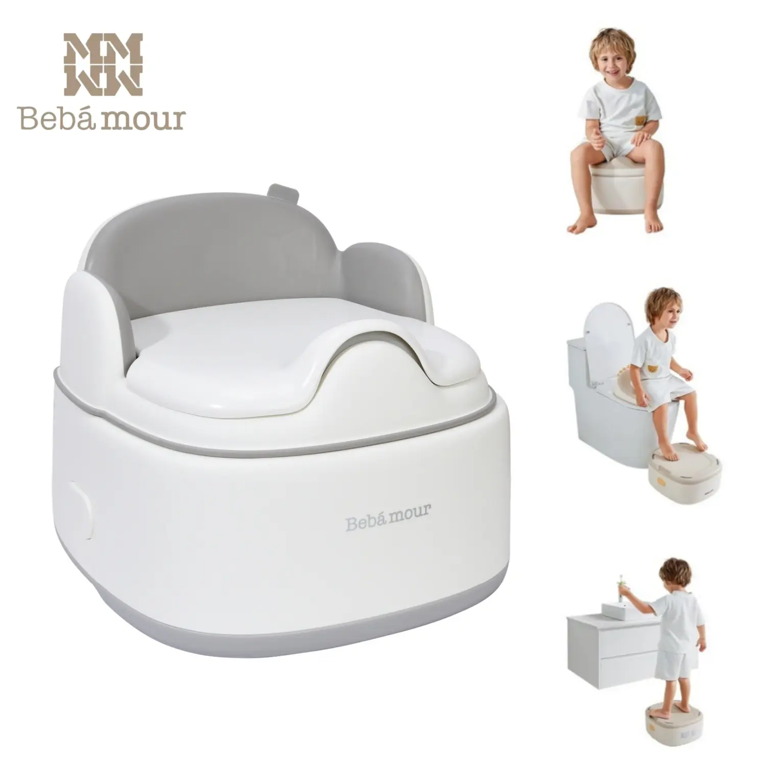 BEBAMOUR Potty Training Toilet 3 in 1 Multi-Functional Potty Seat Detachable Baby Potty Step Stool Anti-Slip Stable Potty Training Toilet with 100 Pack Trash Bags for Baby Toddler Kids