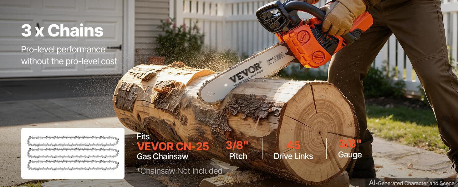 VEVOR Chainsaw Chain 3 Pack 12 Inch 3/8" Pitch 3/8" Gauge 45 Drive Links, Fits VEVOR CN-25 Gas Chainsaw, Forged Alloy Steel, Replacement Saw Chains with Sharp Cutter Teeth & Wear-Resistant Tie Straps VEVOR Chainsaw Chain 3 Pack 12 Inch 3/8" Pitch 3/8" Gauge 45 Drive Links, Fits VEVOR CN-25 Gas Chainsaw, Forged Alloy Steel, Replacement Saw Chains with Sharp Cutter Teeth & Wear-Resistant Tie Straps