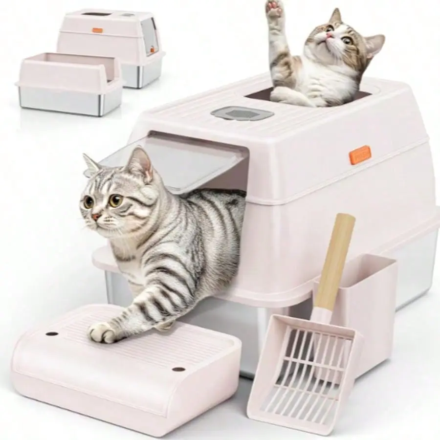 Stainless Steel Litter Box with Lid, 6” Deep Pan, Extra Large Anti-Leakage Odor-Free Litter Box for Big Cats, Front & Top Dual Entry