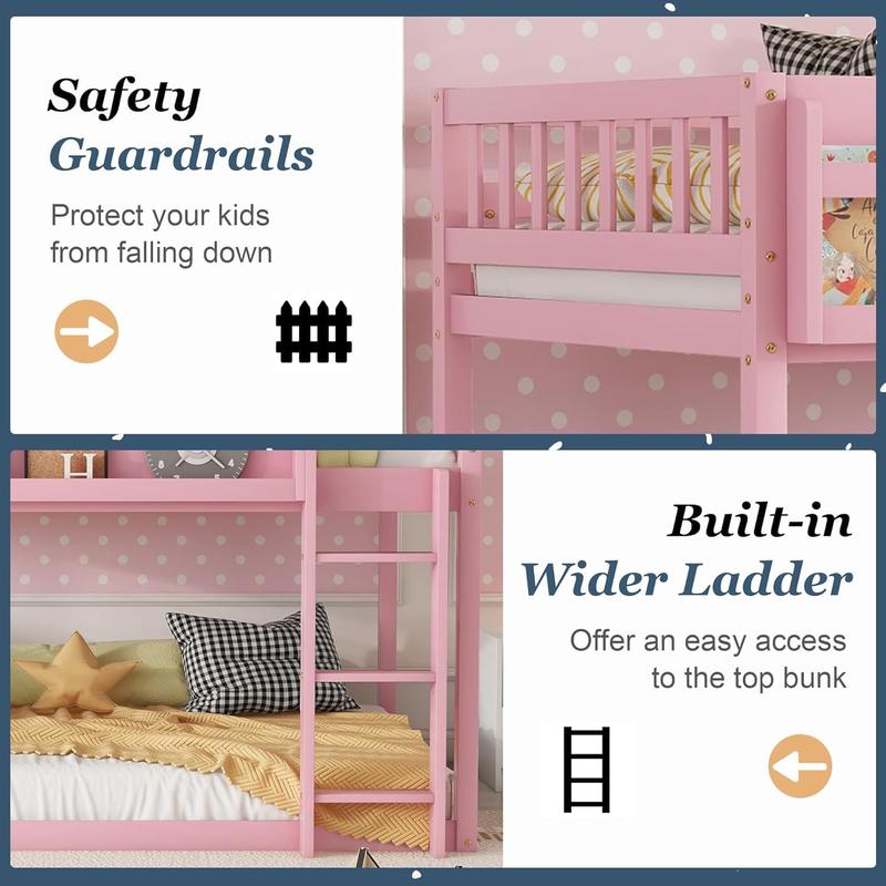 Twin Low Bunk Beds Frame, Wooden Bunk Bed Frame Twin Over Twin, Convertible Floor Bunk Bed with Storage Shelf & Ladder, No Box Spring Needed (Pink)