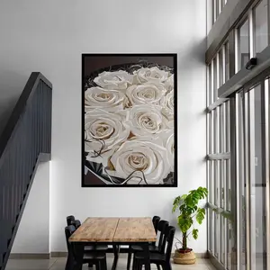 Black Wall Art Print with White Roses, Elegant Home & Office Decor, Minimalist Floral Poster for Modern Interior Design