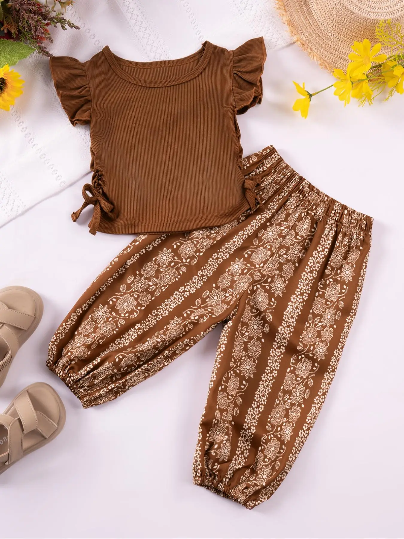 Two-Piece Set Toddler Girl's Top & Floral Print Pants Set, Cute Casual Round Neck Top & Trousers for Daily Wear, Kids Summer Clothes