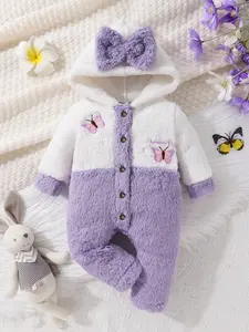 Comfortable And Cute Baby Girl Butterfly Embroidery Color Patch Bow Tie Details Hooded Teddy Bear Jumpsuit, Soft, Comfortable, Warm