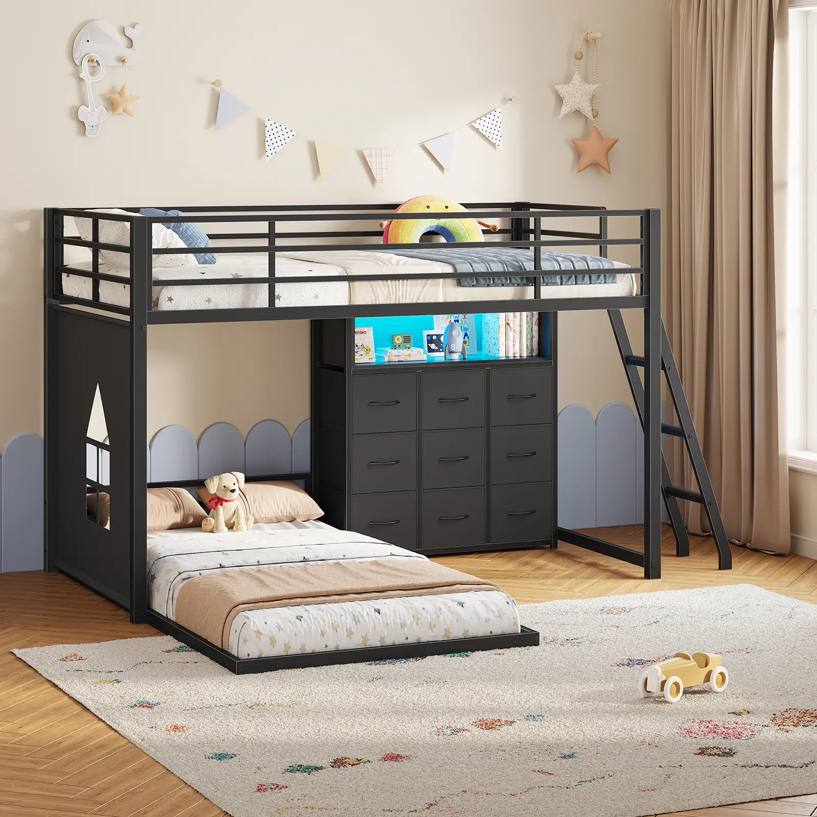 Hasuit  Twin Over Twin Bunk Bed with 9 Storage Drawers, Twin Bunk Beds for Kids with LED Lights and Charging Station
