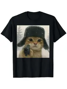 Quirky cat wearing a Ushaka hat emoji, humorous men's casual T-shirt