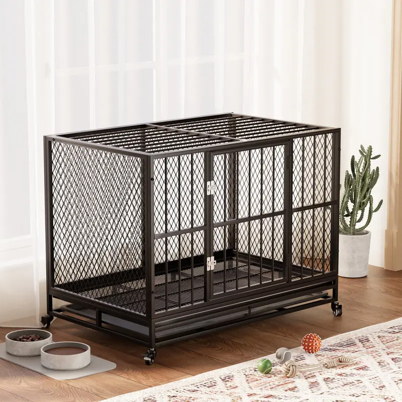37" Heavy Duty Dog Crate Furniture for Small & Medium Dogs (132 lbs Max), Sturdy Black Indoor Kennel with Metal Mesh, Removable Tray & 360° Lockable Wheels