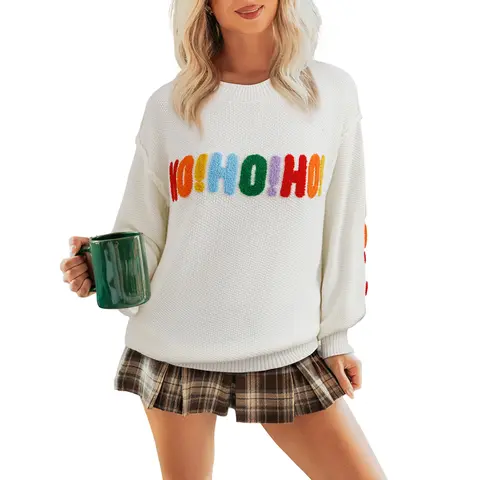 Mntaor Womens Chenille "HO HO HO / MERRY CHRISTMAS" Graphic Sweater – Oversized Drop Shoulder Crewneck Knit for Christmas Party, Festive Brunch &Cute Seasonal OOTD,Knitwear,Womenswear