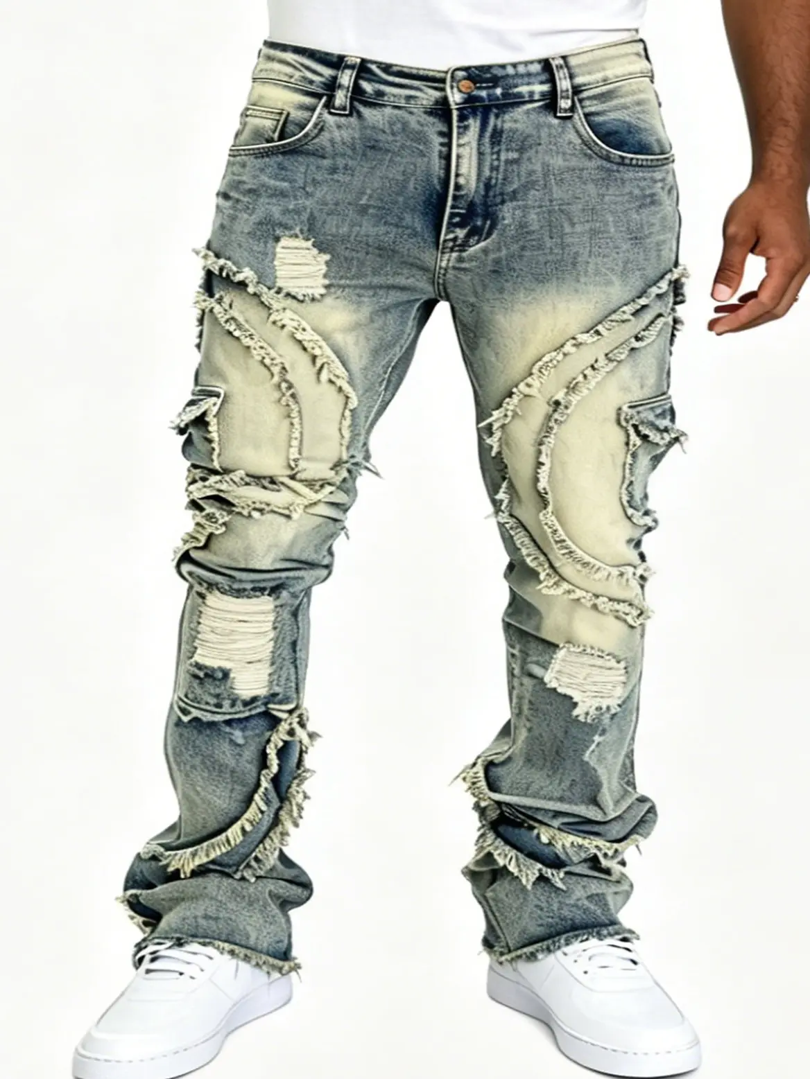 Men's Cold Wash Stacked Jeans - Distressed, Ripped, Frayed, Patchwork, Stretch Denim Pants for Big & Tall Plus Size - Baggy Flare, Y2K Hip Hop Streetwear Casual Vintage Trousers, Cold Wash Men's Jeans