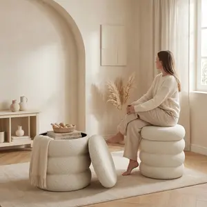 Cloud Shaped Boucle Storage Ottoman, Round Padded Stool with Hidden Storage Lid