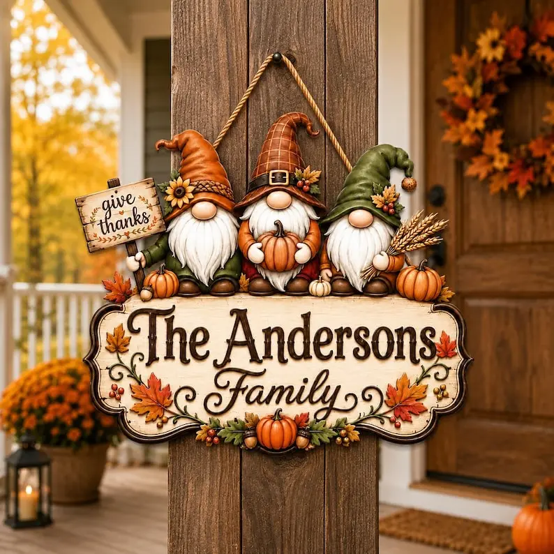 Personalized Thanksgiving Wooden Door Sign, Custom Family Name Gnome Door Hanger, Autumn Front Door Sign, Thanksgiving Family Gift