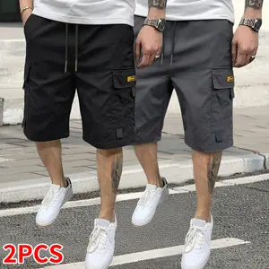 Set of 2 men’s cargo shorts featuring an elastic waistband and drawstring design—durable, multi-pocket practical shorts suitable for outdoor activities, work, and casual wear; men’s shorts, summer shorts, men’s summer clothing.