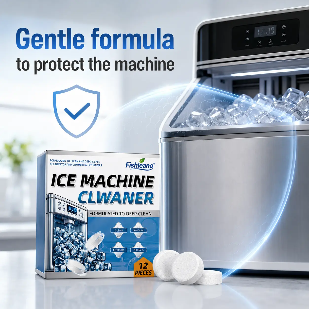 Ice Machine Cleaner Maker Descaler - 12 Active Clean Tablets Compatible with Frigidaire, Opal, GE Profile, Kitchenaid, Nickel Safe Scale Remover for Countertop, Nugget Ice Makers Bulk 1 Year Supply