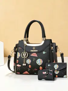 New Hot Air Balloon Print Three-Piece Set Women's Bags, High-End Colorblock Handbag and Crossbody Bag, Casual All-Season Messenger Bag, Handbag Combo