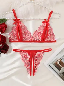 AESKEIA Two-Piece Semi-Transparent Tight-Fitting Lingerie Set Charming Black Floral Lace Suspender Bloom & Infatuation Fabric Soft Thong - Seamless Panties