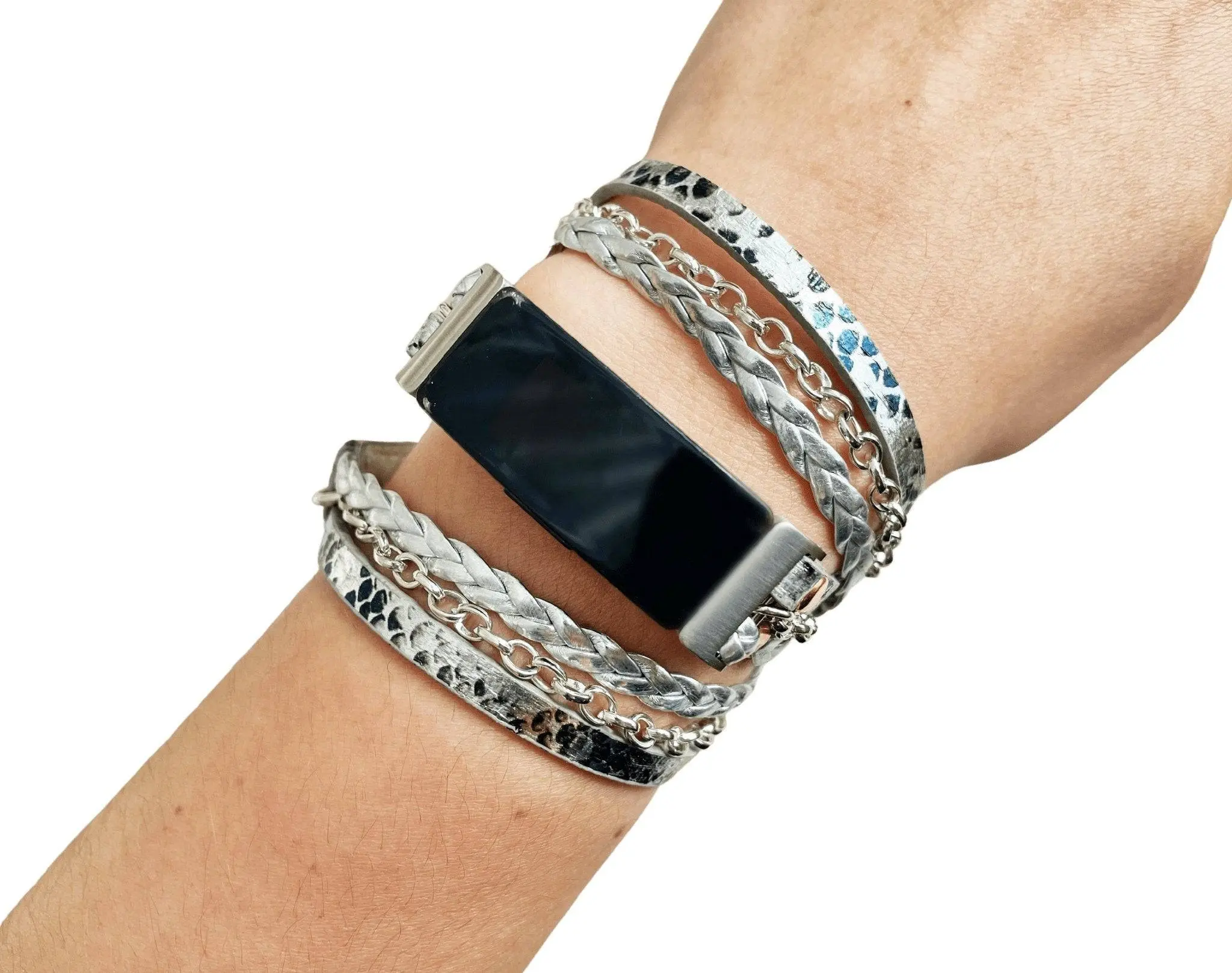 Silver Snake Leather Watch Band with Silver Chain for Fitbit Luxe