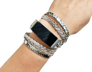 Silver Snake Leather Watch Band with Silver Chain for Fitbit Luxe