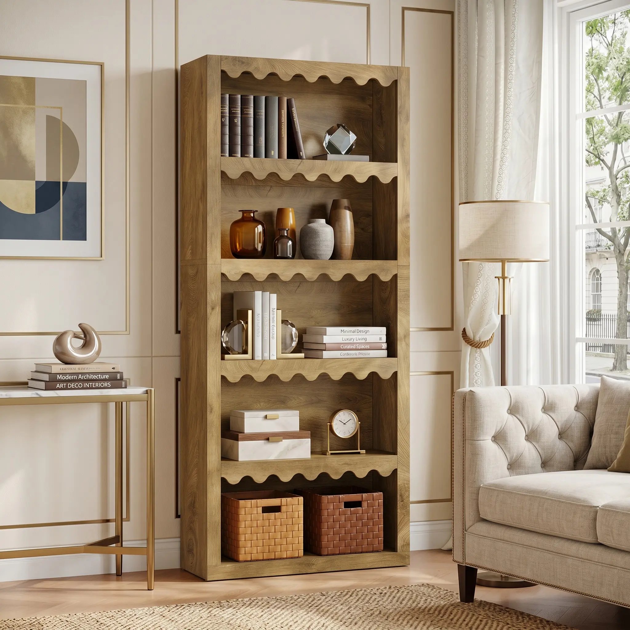 Spaco 70" Modern 5-Tier Bookcase - Solid Wood Tall Frame, Scalloped Edges 5-Tier Shelves, Stylish Storage Organizer for Living Room, Bedroom
