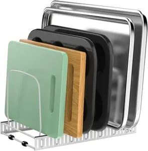 Board Organizer Rack, Baking Tray and Cookie Sheet Organizer with 7 Adjustable Dividers, Bakeware Muffin Tin Cupcake Pan Storage Organizer for Cabinet, White