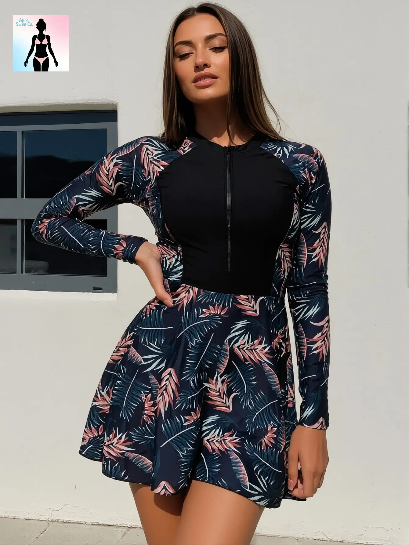 Women's Tropical Print Tummy Control Long Sleeve Rash Guard Swimdress - 1-Piece Skirted Bathing Suit, Sun Protection, Modest Full Coverage, Body Curve Swimdresses, Swimsuit for Women, Plus Size Beach Holiday Essential