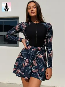 Tropical Print Tummy Control Long Sleeve Swimdress Rash Guard Swimsuit One Piece Skirted Bathing Suit Sun Protection Modest Full Coverage Beach Holiday Vacation Essential Plus Size Curvy Women Fashion Chic Lady