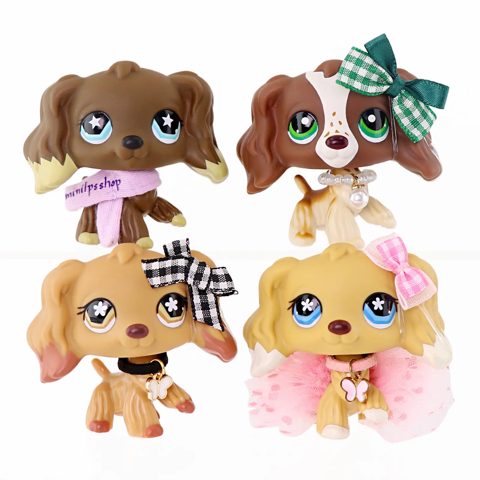 4 Pcs Mini Cartoon Cocker Spaniel Puppy Figurines Set, Big Eye Long Ear Dog Figures with Printed Scarf, Plaid Bows, Pearl Necklace, Butterfly Collar & Pink Tutu Skirt Accessories, Collectible Mini Animal Toys Cake Topper Desk Decor Kids Gift