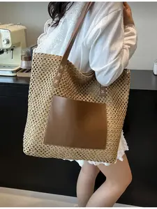 Summer Straw Beach Bag Large Capacity Tote Handbag Food Basket Bag Vacation Style Simple Versatile Multi-functional Women's Bag for Dresses Shopping Travel Storage Woven Bag