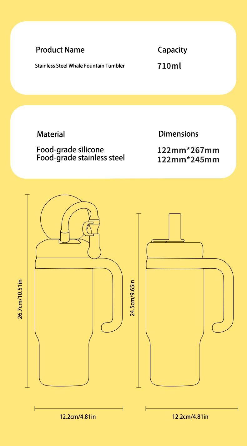 【COMOBEBE】24oz Stainless Steel Whale Fountain Tumbler with Handle – Two Lids, Spill-Proof, Dishwasher Safe, Cute & Perfect for Teens, and Adults Water Bottles Sturdy Drinkware Flasks