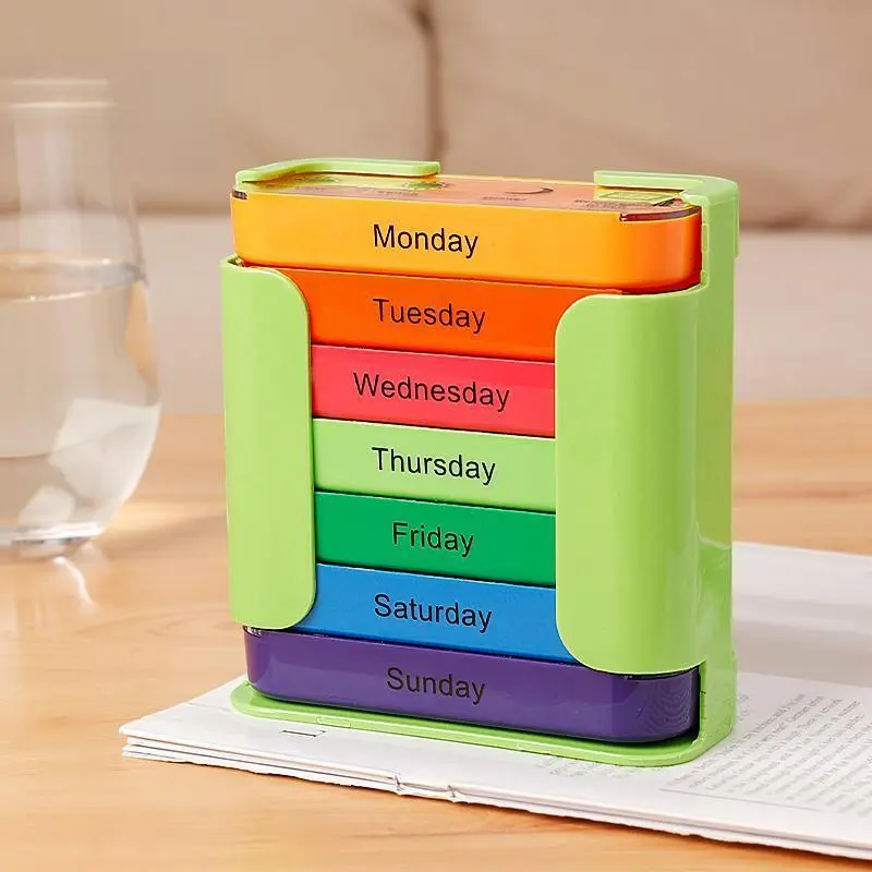 7-day Pill Storage Box, 1 Count Portable Large Capacity Pill Organizer, Daily Pill Storage Box for Home Office Travel, Home Supplies, Home Decor, Medical Care Box, Healthcare, Vitamin Organizer, Supplement Organizer, Multicolor Medicine Organization Aid