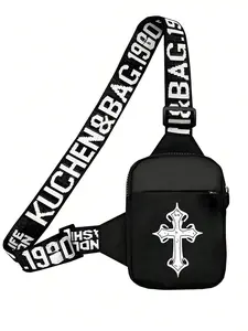 Men's Waist Bag, Night Waist Bag, Crossbody Bag, Zipper Fanny Pack, Zipper Belt Bag, Solid Color, Simple, Versatile, Gothic Cross, Graffiti, Hip-Hop, Sports, Street, Business, Casual, Bags For Travel, Vacation, Essential, Gothic Cross Print, Christian Bag