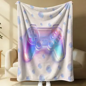 Dreamy Laser Game Controller Plush Blanket, Cream Base with Gradient Transparent Handle, Soft Flannel, Cozy for Bedroom and Sofa