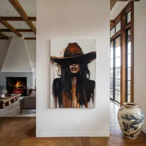[Sale up to 35%] Western Cowgirl Canvas Wall Art - Black Hair Woman in Cowboy Hat Drip Style Painting - Rustic Country Wall Decor