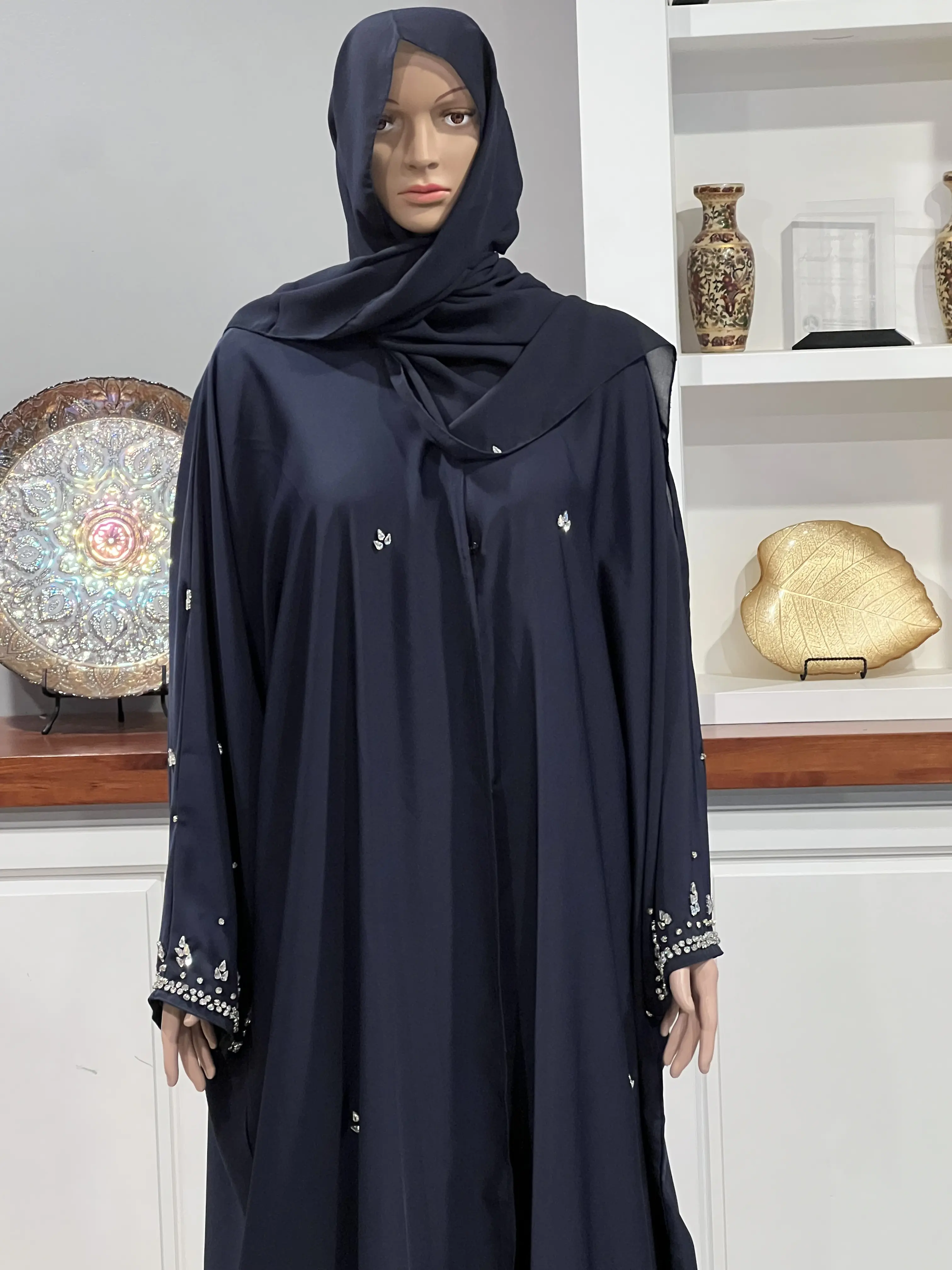 Bahraini Open Abaya in Rich Navy Blue with Handmade Stone Embellishments for Elegance and Style