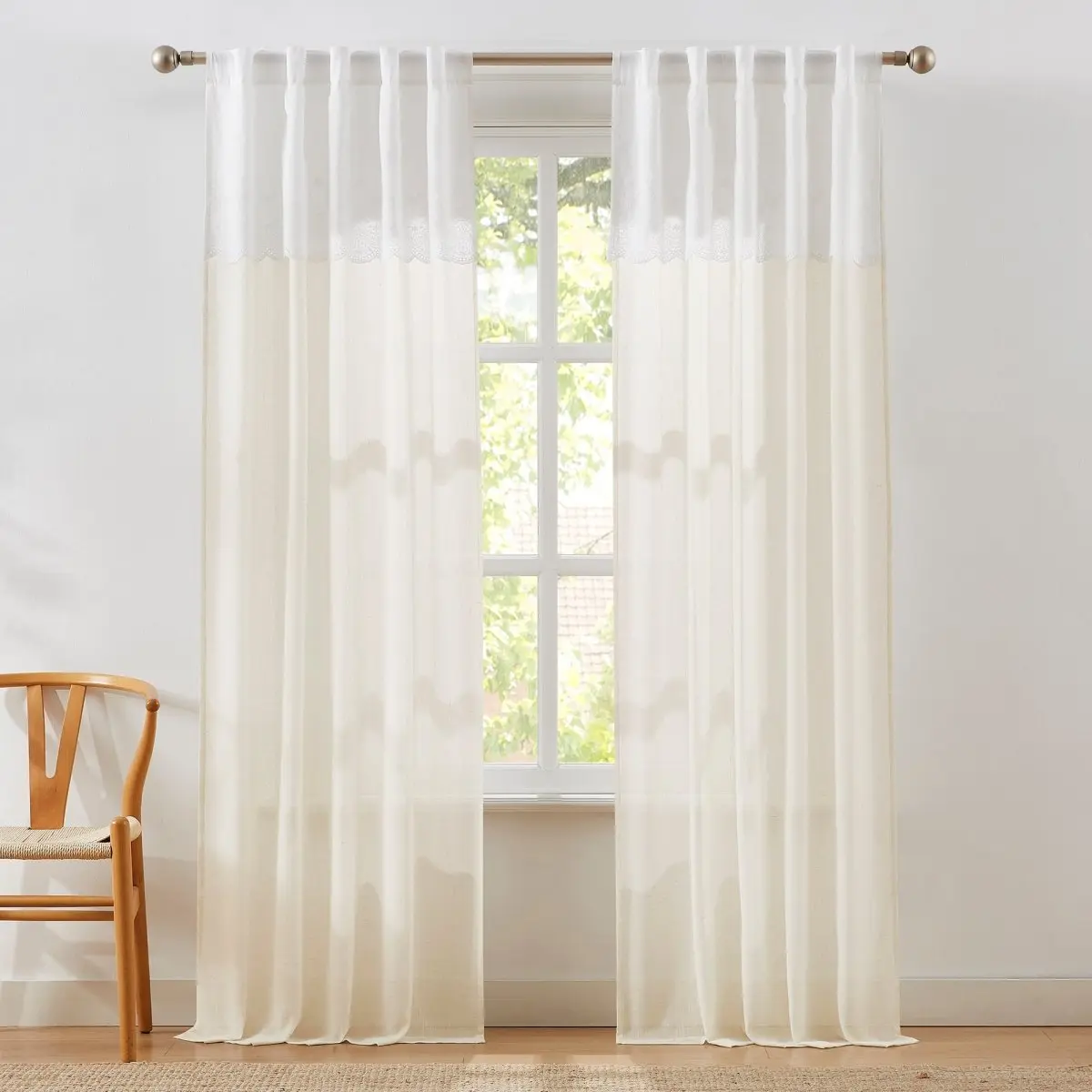 Lush Decor Brigitte Home Decorative Curtain Panels Pair, 38x84 in Cotton-Linen Blend, Floral Embroidery, Eyelet-Scalloped Edge, Country Cottage Style, Light Passing Through, Machine Washable, Non-Chlorine Bleach Compatible, Valances For Windows