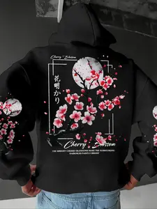 Men's Autumn Winter Hoodie, Japanese Cherry Blossom Print Design, Casual Fitted Style, Suitable for Shopping & Dating