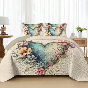 3 Piece Watercolor Floral Heart Quilt Set King Size, Soft Quilted Bedspread Coverlet with 2 King Pillow Shams, Lightweight Floral Bedding Set for Bedroom