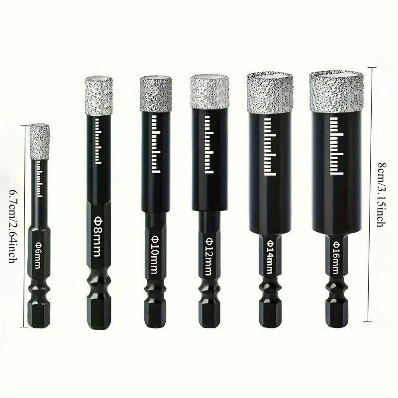 VAYWET 6 Pcs Diamond Drill Bits Set, 1/4 5/6 3/8 1/2 Inch Brazed Diamond Drill Bit | Drill Bits for Precision Drilling in Tile Ceramic Glass Granite Marble Masonry