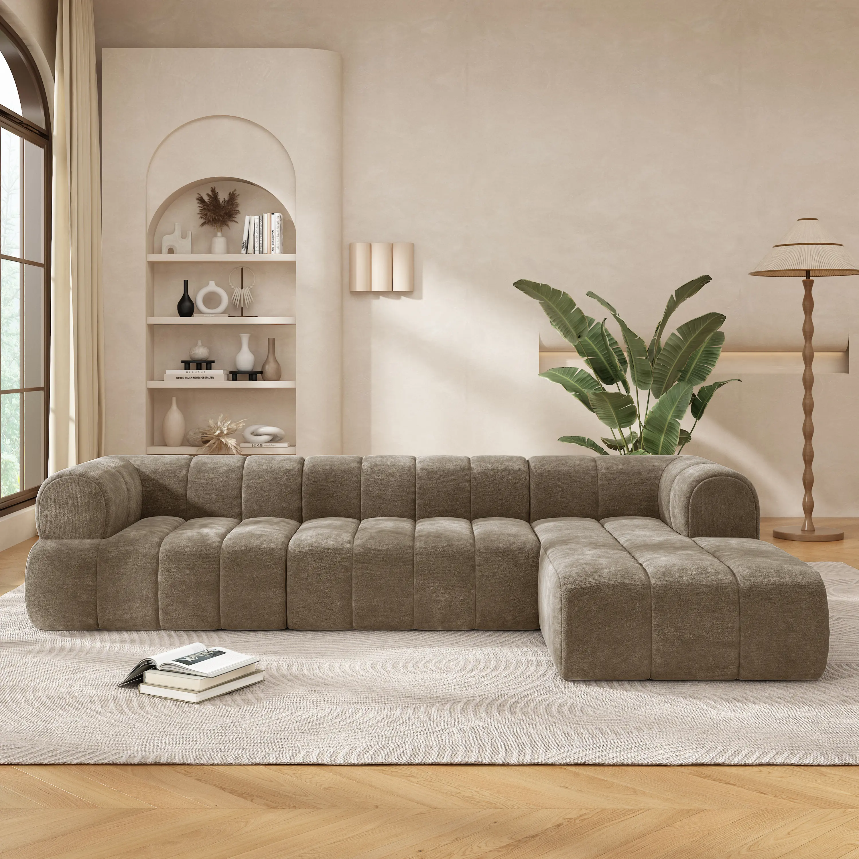122" Modern L-Shaped Full-Sized Polyester Couch with Chaise Lounge, High-Density Compressed Sponge Cushions, 2-Piece Pre-Assembled Right-Hand Facing Supportive Sofa Set, Clean Luxury Comfy Squishy Couch for Living Room, Sohochic Home Indoor Furniture