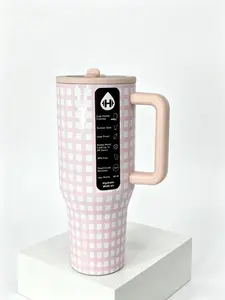 HydroJug 40oz Pink Gingham Tumbler Leak-Proof BPA-Free Stainless Steel Insulated Portable Washable Drinkware Flasks Stylish Mug for Coffee Tea Thermal Cup