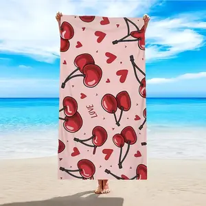 Cherry Heart Pattern Beach Towel, Quick-Dry Microfiber, Strong Wrapping Design, Suitable for Beach and Pool Use