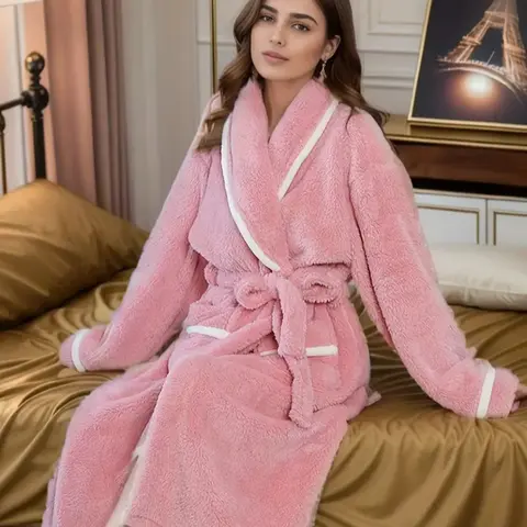 Women's Coral Fleece Bathrobe, Thickened Winter Long Length Robe with Pockets, Casual Long Sleeve Sleepwear, Warm Home Comfort Apparel, Loungewear, Lady, Womenswear, Gowns, Dressing Gown