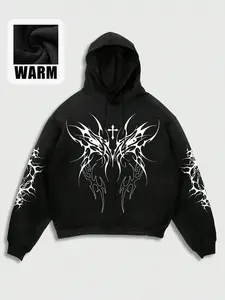 Men's Thorn Cross Print Hooded Sweatshirt, Gothic Tribe Cross Pullover, Fleece Fabric, Urban Dark Aesthetic Streetwear, Cross Print Hoodie