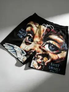 Men Vintage Eye Print Board Shorts, Breathable Casual Bottoms, Street Style For Summer & Daily Wear