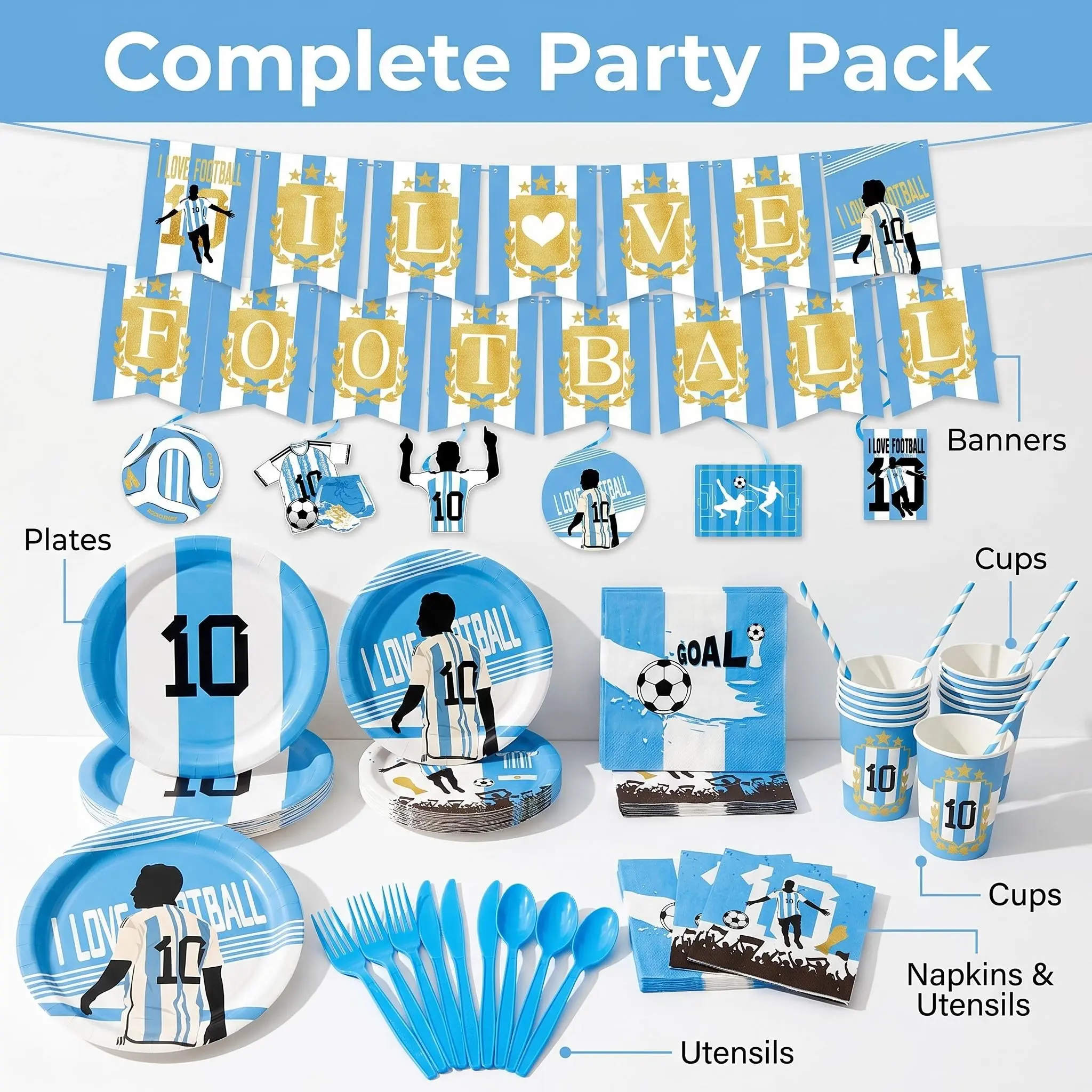 【A must-have for football fans】 152 Pcs for 10 Guests Argentina Soccer Party Tableware Set – Disposable Plates, Cups & Napkins – No Cleanup, No Stress – Perfect for Game Day Watch Parties!