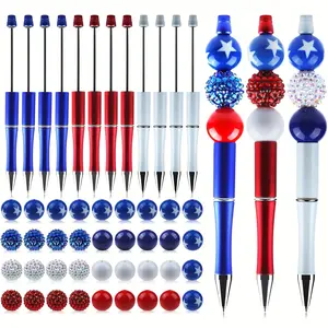 48 Pieces Of Independence Day Bead Pen Set, Including 12 Bead Pens And 36 Beads, DIY Bead Pens For July 4th, Black Ink Ballpoint Pen Gift For School Office Supplies, Independence Day Gift