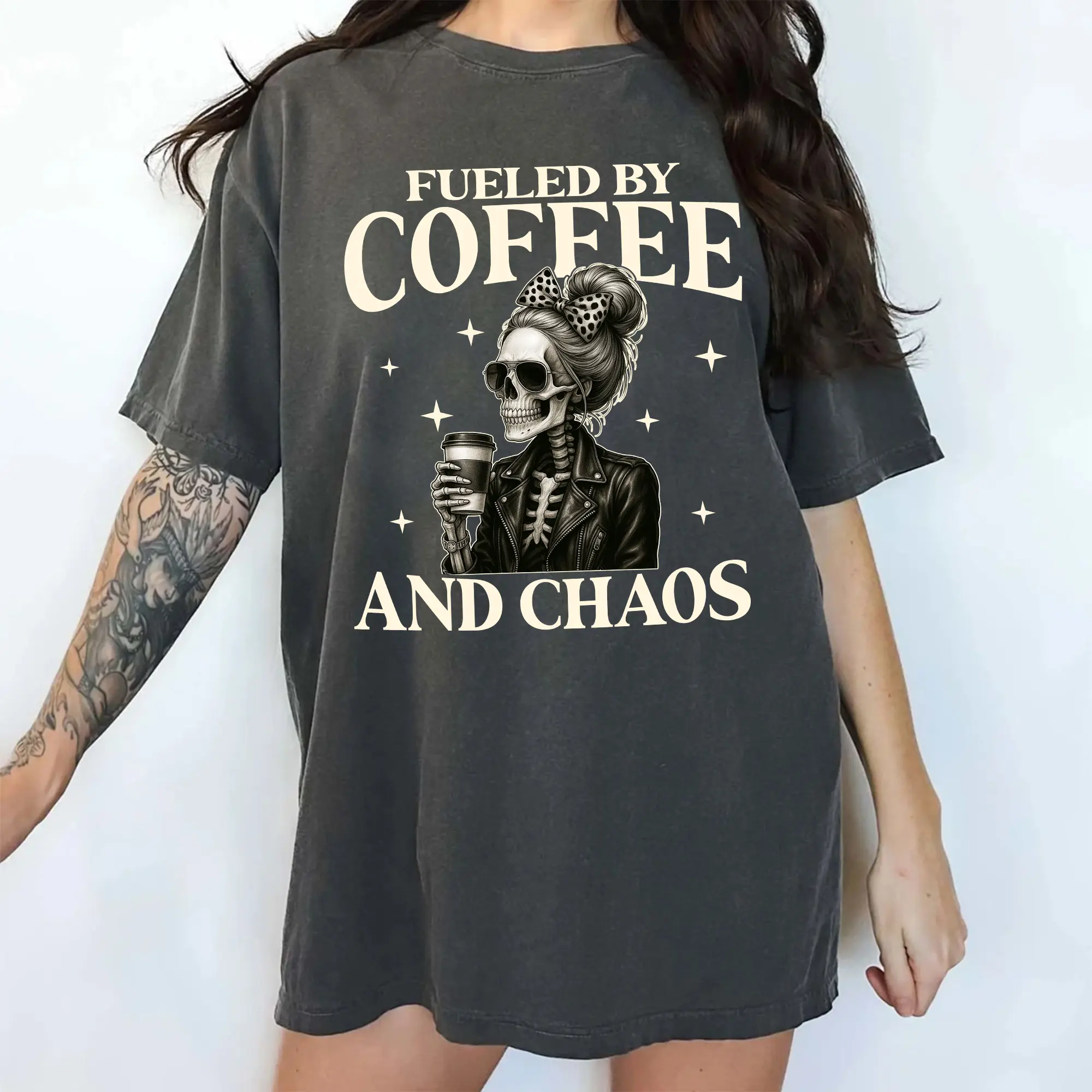 MAPTEES Fueled By Coffee And Chaos Comfort Colors Shirt, Cool Mom T-shirt, Mom Life Graphic Tee, Skeleton Clothing, Mother's Day Gifts, Gift For Mom