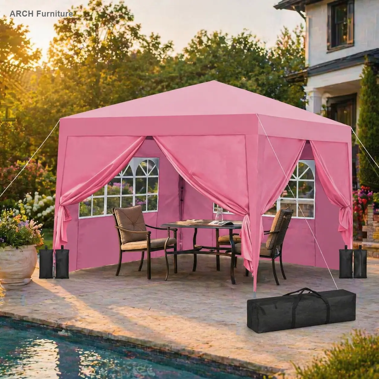 ARCH 10x10Ft Outdoor Pop Up Gazebo Canopy Tent, Removable Zippered Sidewalls (2pcs with Windows), 4pcs Weight Sand Bags, Portable Carry Bag - Pink, Includes Sand Bags