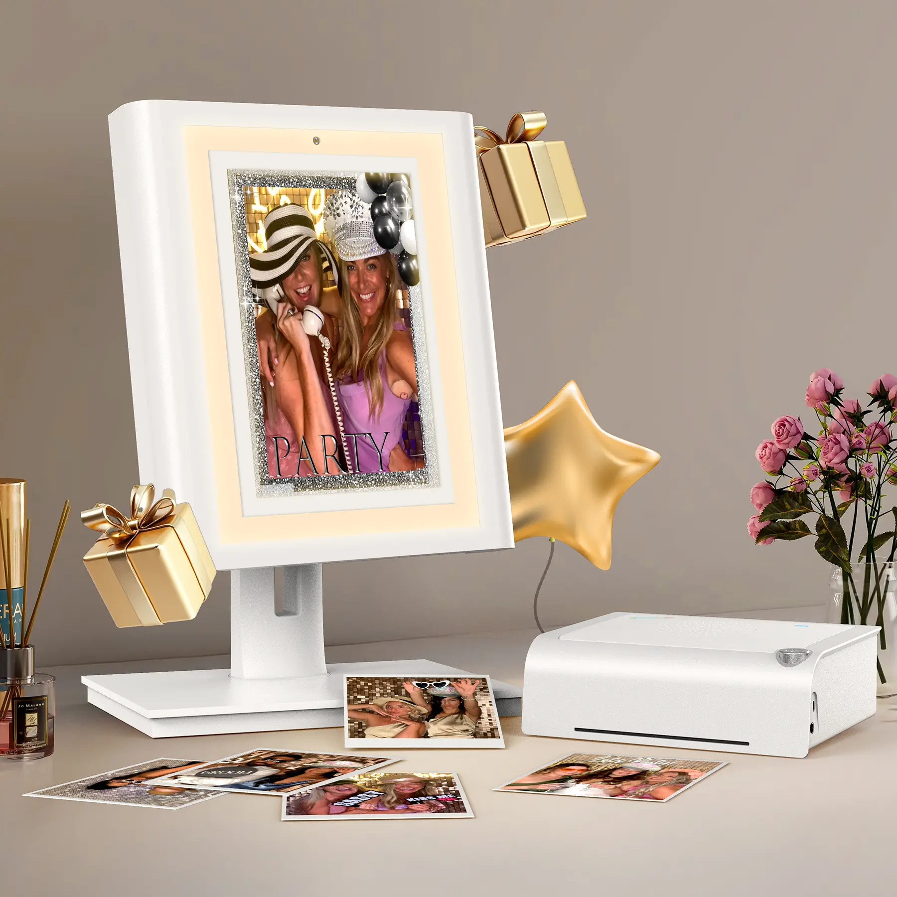 OHYEAHSPIN New Portable Photo Booth Machine - Touch Screen Plastic Instant Camera, Digital Camera, Printer, Software APP, Remote Control, LED Surround Light