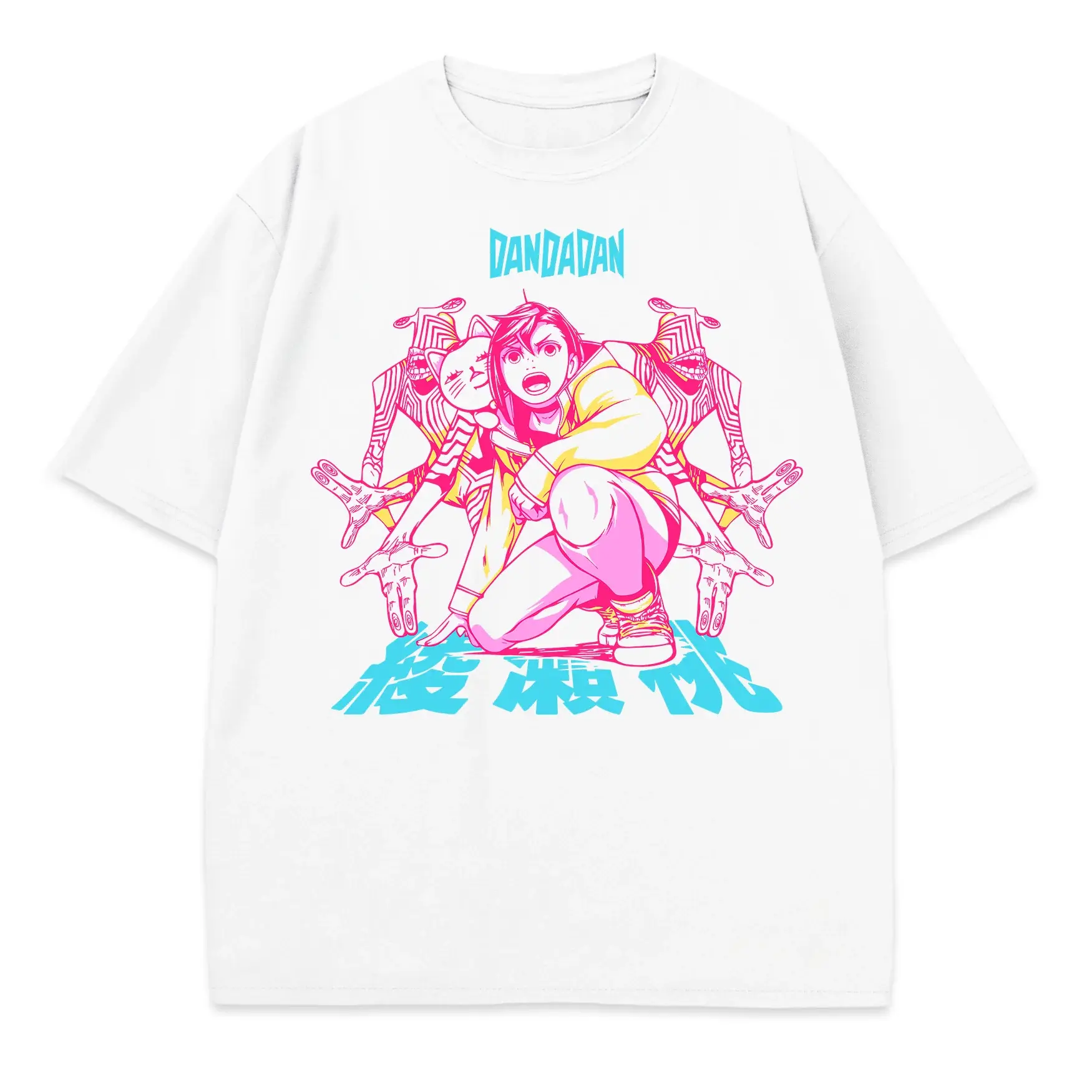 Men's Round Neck Short Sleeve 100% Cotton Oversized Loose-Fitting Vibrant Dandadan Momo & Turbo Cat Anime Graphic Streetwear Tops, Casual Soft Tee, Great Birthday Present for Fans, Casual Fit